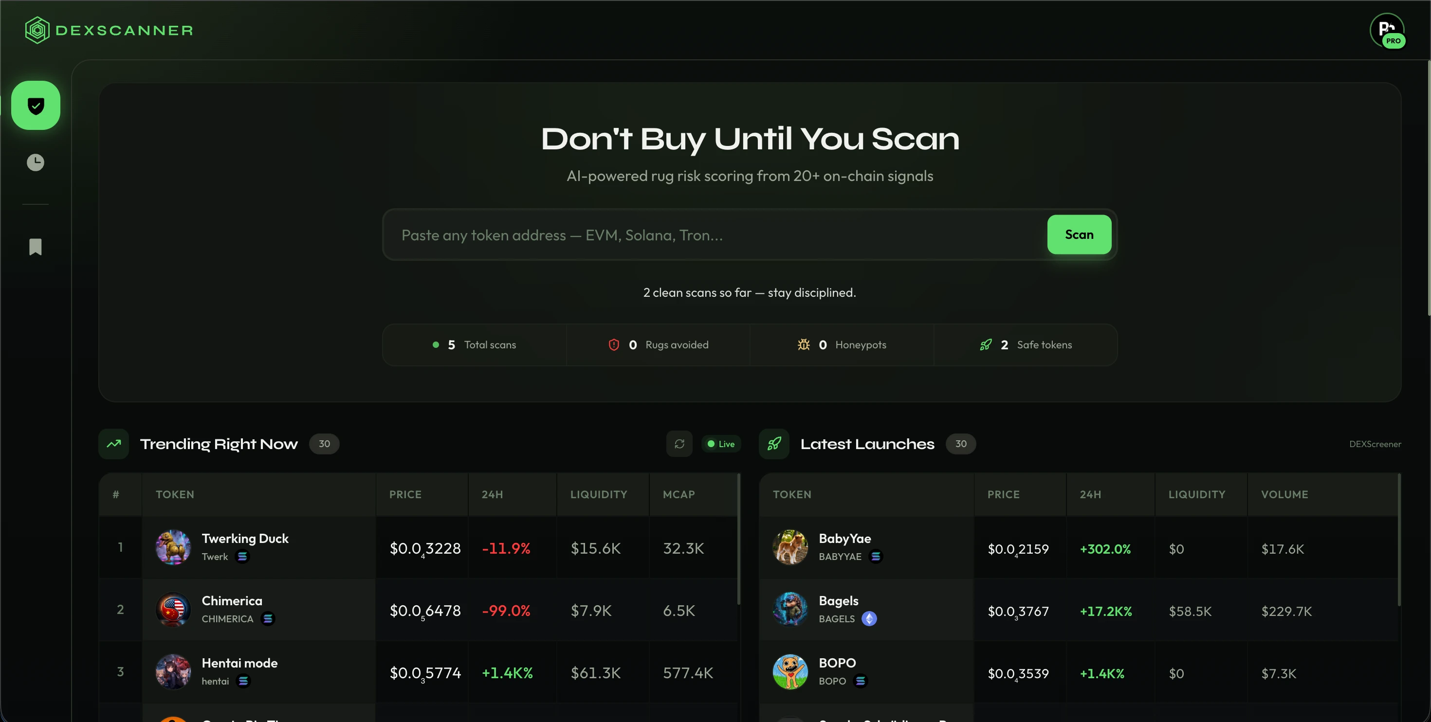 DexScanner — empty landing, ready for a token address